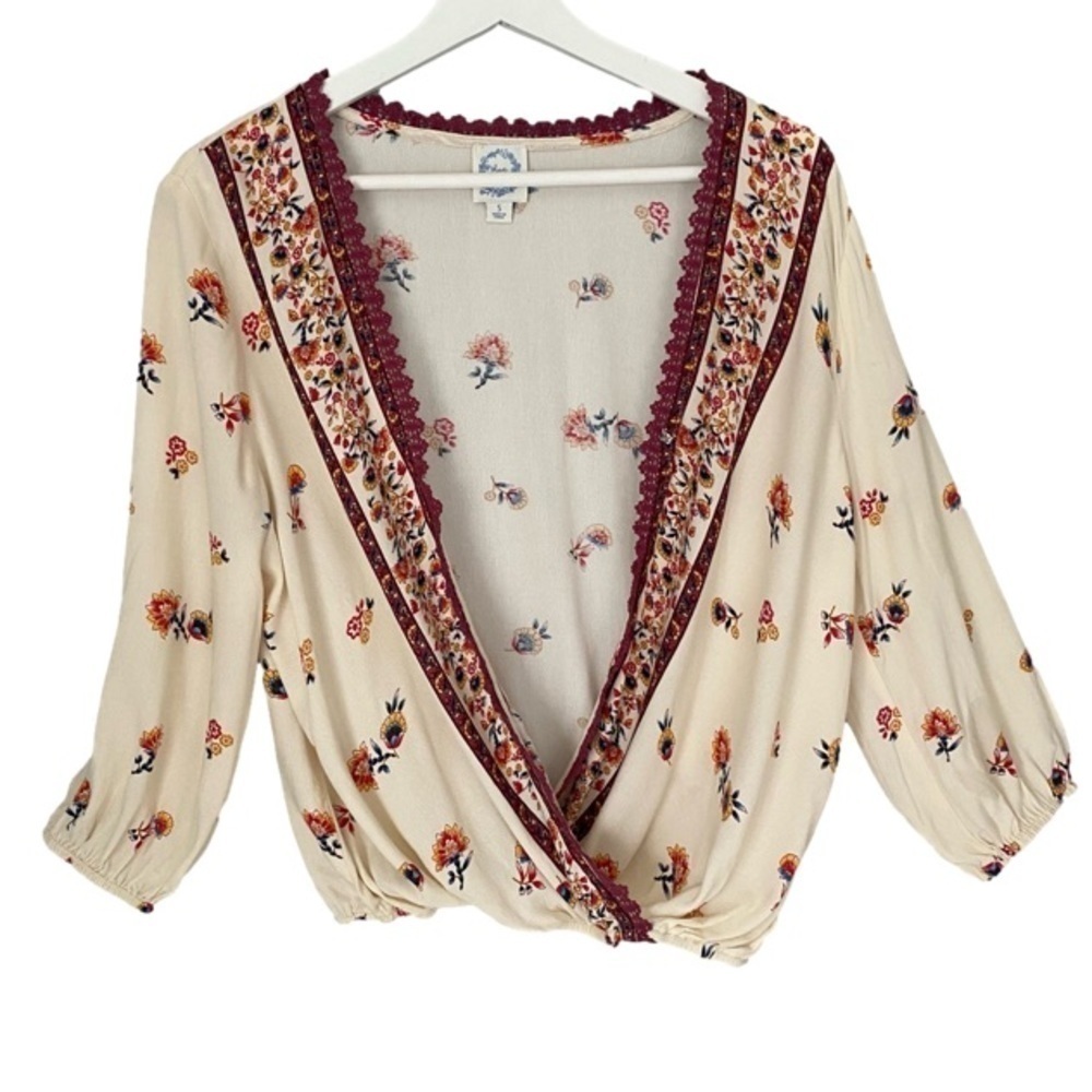 BLUE RAIN Blouse Surplice Boho Floral Creamy White Burgundy Trim Women Size S - Picture 3 of 15